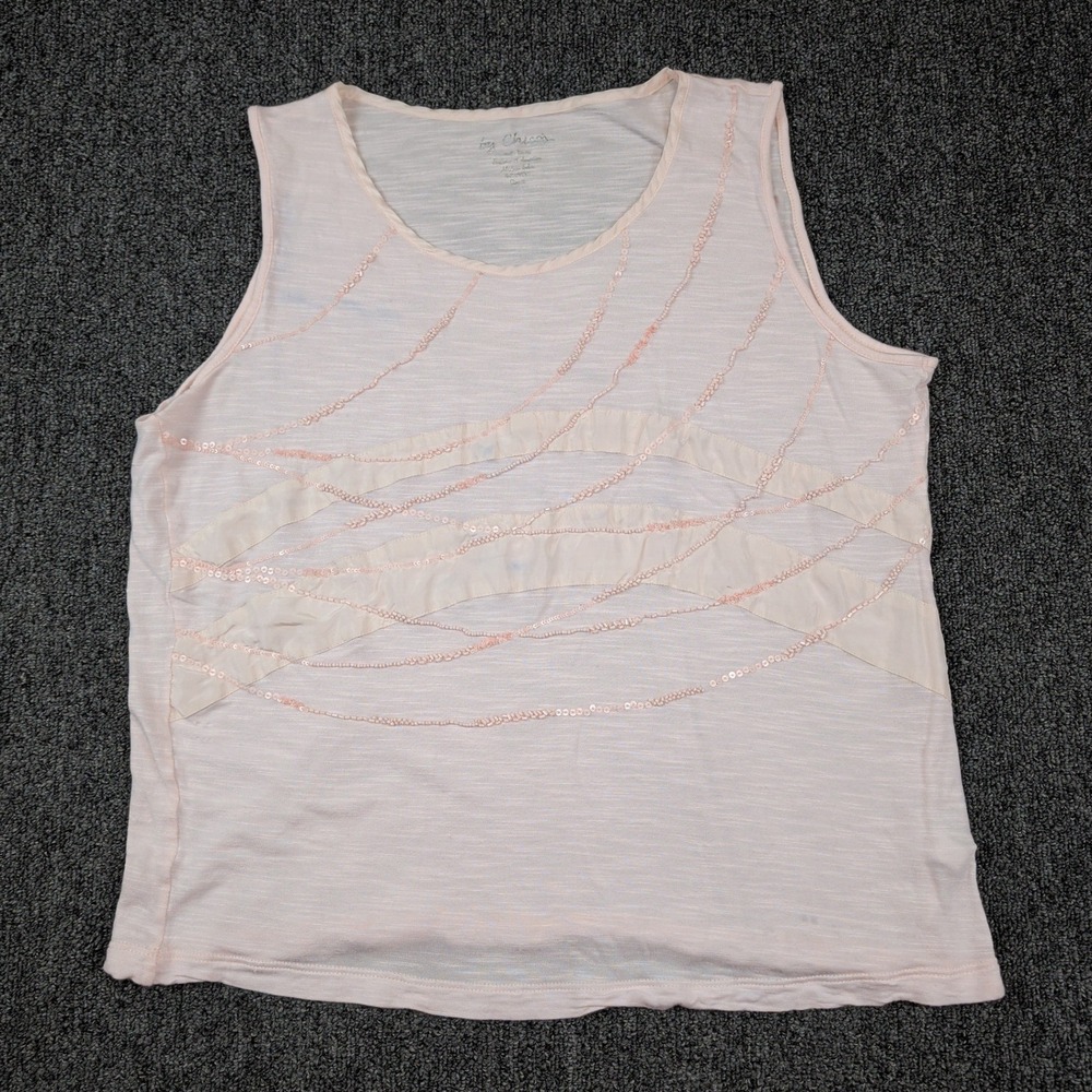 Chicos Boho Sequin Beaded Tank Top 2 L Pink Viscose Sleeveless Embellished Shell